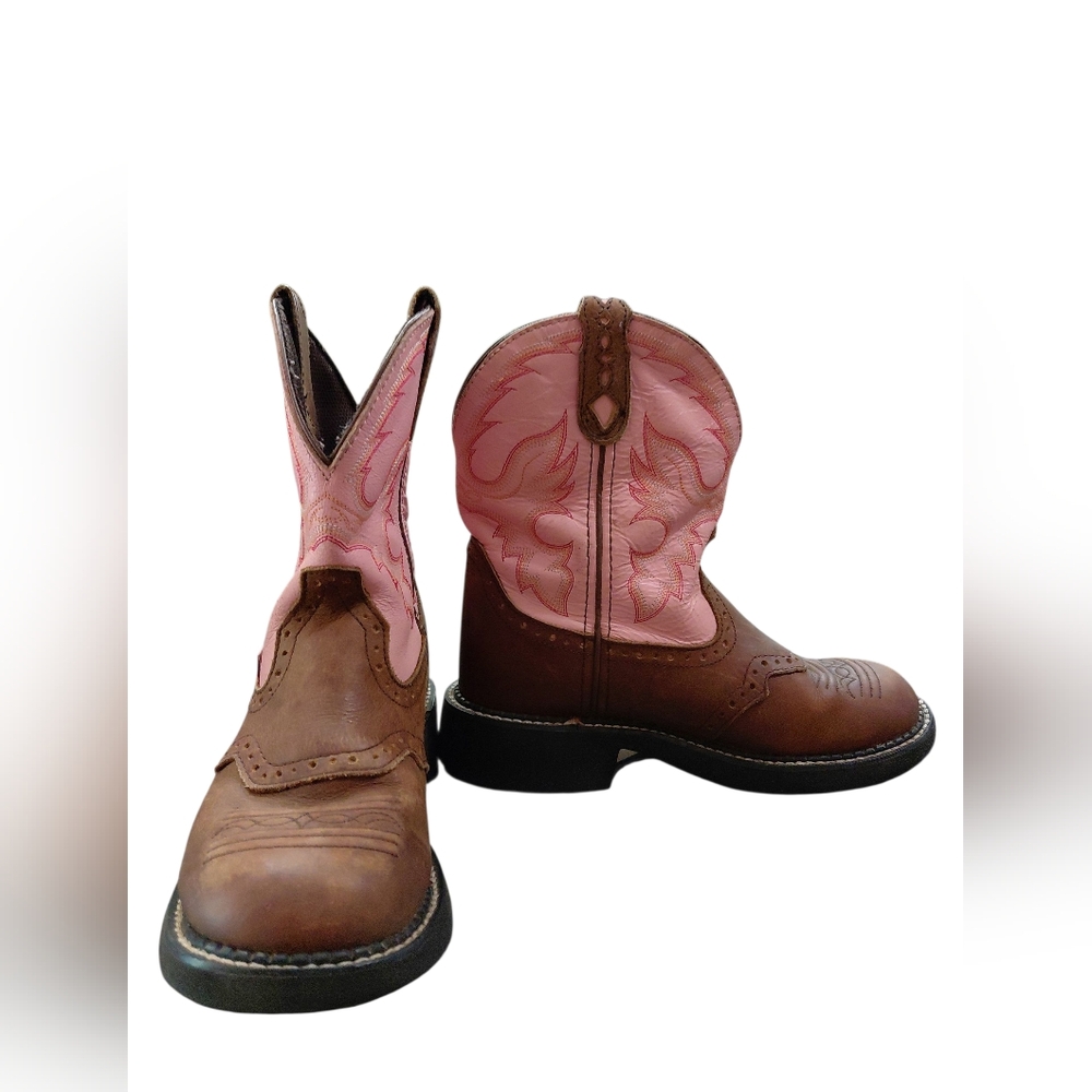 "Justin" Boots Brown and Pink Cowboy Boots. Sz. 6.5. Broken-in, not broken- down